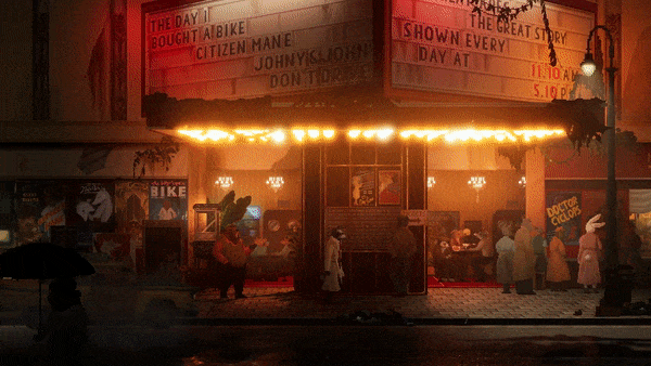 An animated gif shows Howard walking in front of a movie theatre at night in the rain. There are various animals all hanging around and storefronts beside it. Then it switches to another street showing a Kweek-O-Mart and a high-end clothing store called Mackenzie & Sons.